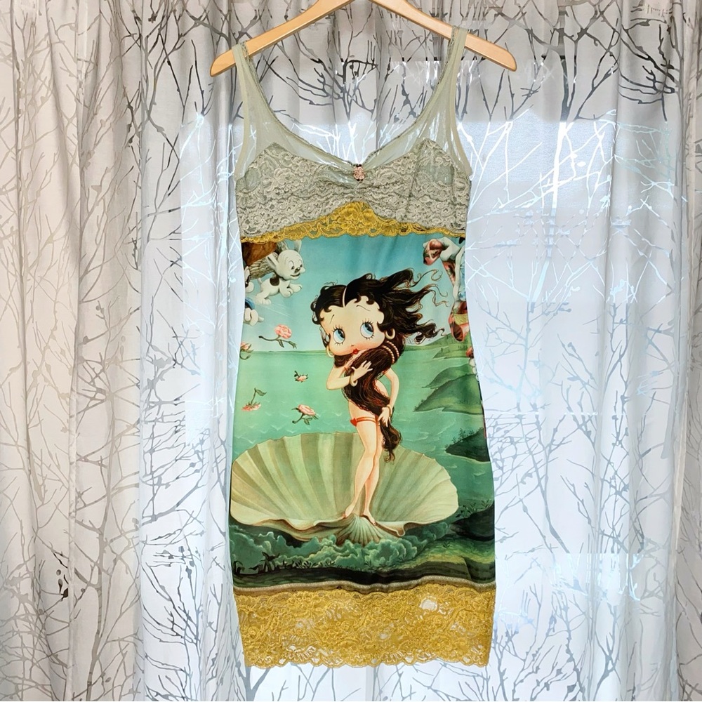 VINTAGE CASADEI BETTY BOOP SLEEVELESS MINI DRESS green blue gold - Picture 2 of 13